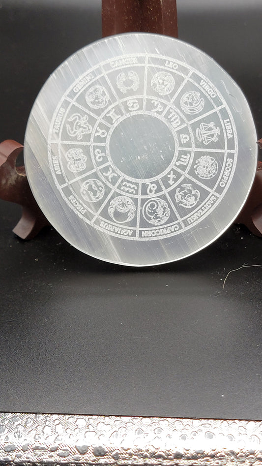 Zodiac Selenite Crystal Charging Plate, Zodiac Crystal Charging Disc